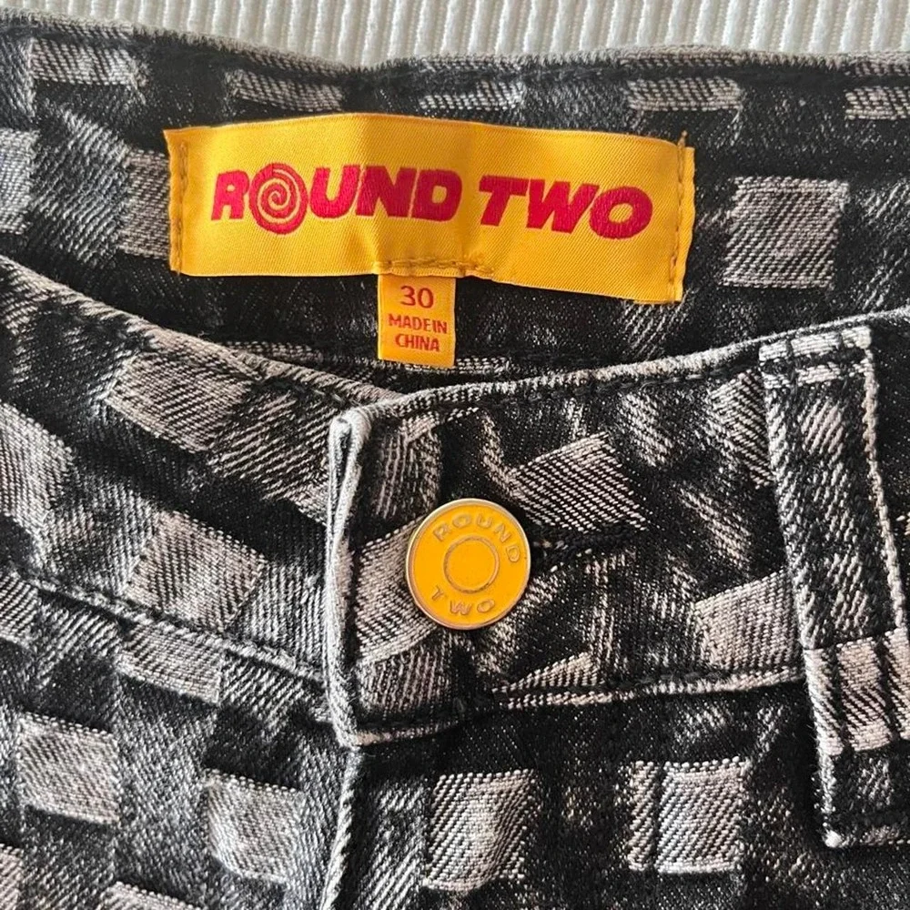 Round Two Basket Weave Checkerboard Denim Jeans Black Grey Mens 30 NEW